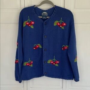Vintage Rey Wear Hand Knit 100% Cotton Blue Cherry Cardigan Sz M/L